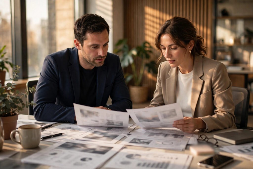 SEO pricing — two professionals reviewing a printed SEO proposal