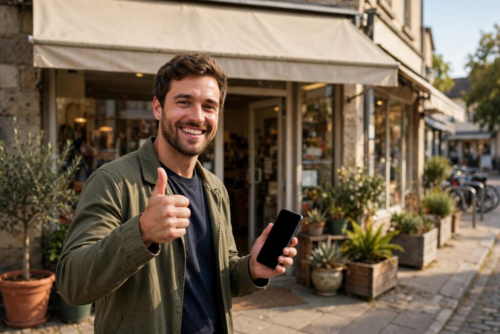 Google Business Profile optimization — a happy customer giving a thumbs up outside a local shop
