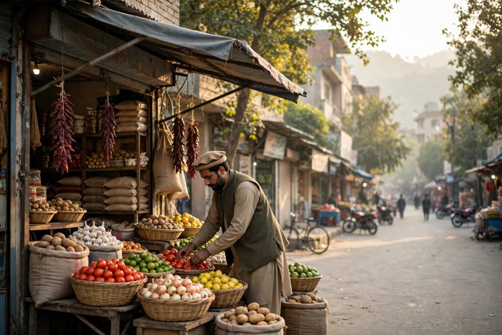 Local SEO Islamabad — a shopkeeper arranging his storefront on an Islamabad street