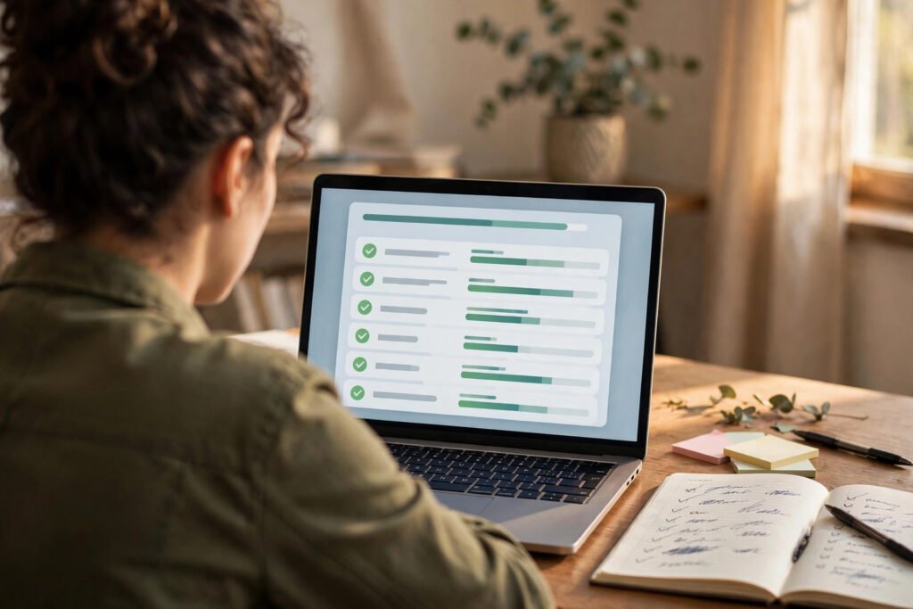 Technical SEO checklist — a person reviewing a website launch checklist with ticked items on a laptop screen