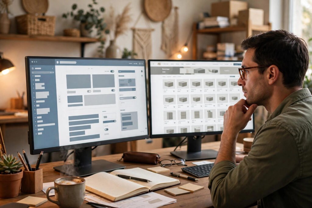 WordPress vs Shopify — a business owner comparing a content website dashboard and an e-commerce dashboard on two monitors