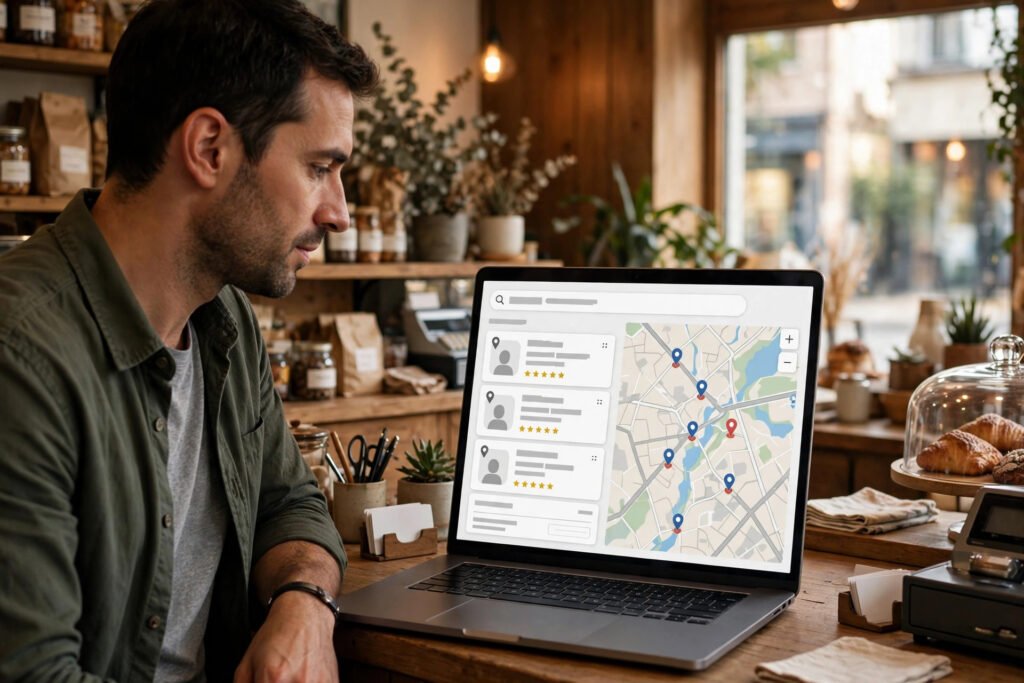 Map pack — a shop owner viewing local search results with map pins on a laptop